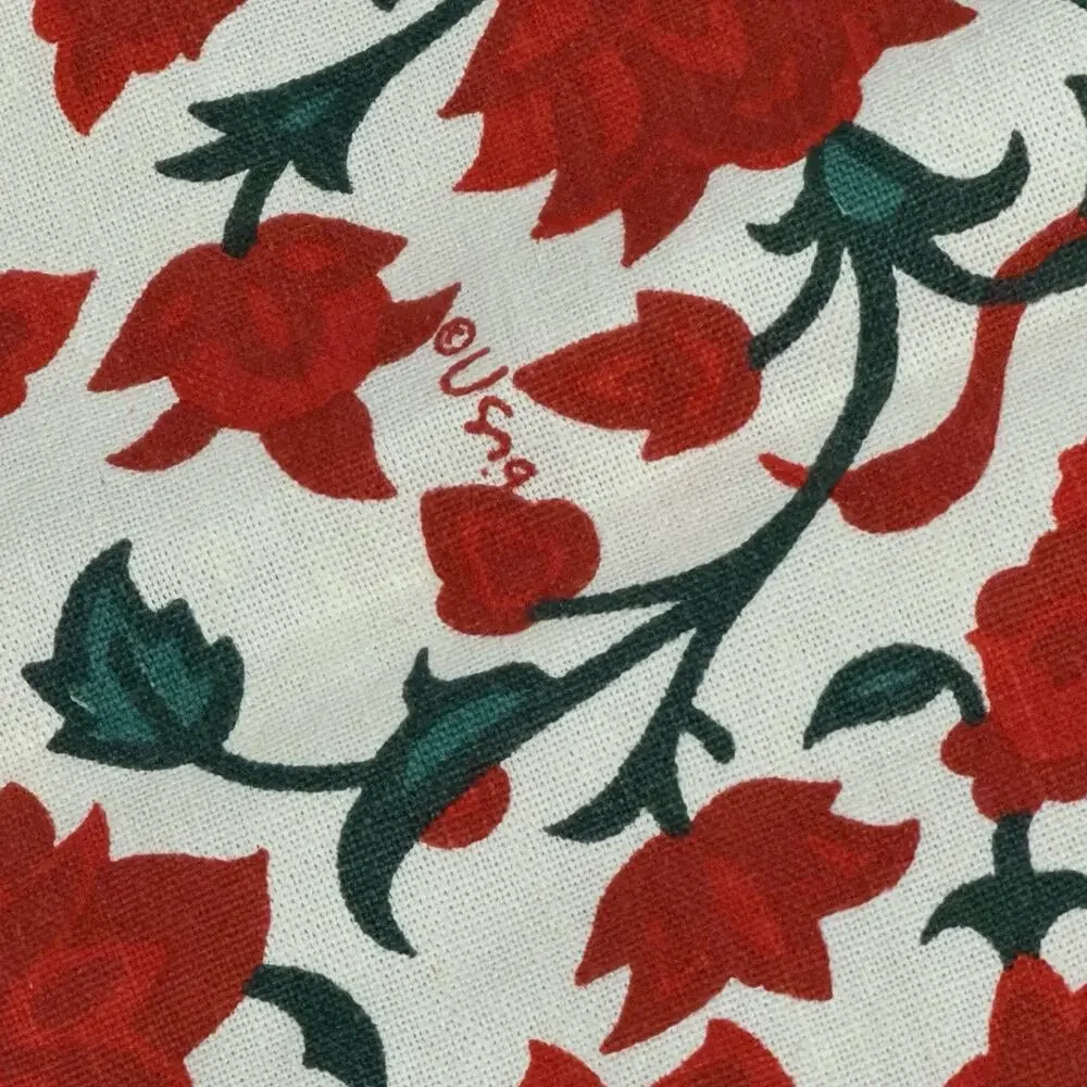 Vintage Vera Neumann Red Green Christmas Floral Linen Tablecloth 70s 64x84